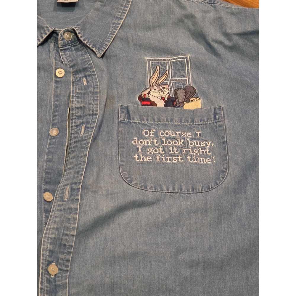 Vintage Bugs Bunny Sports XXL Denim Button Shirt Embroidered Looney Tunes Pocket - Picture 3 of 8